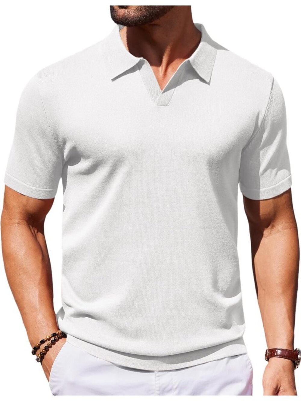 Men's White 100% Polyester V Neck Short Sleeve Stretch Knit Polo Shirt